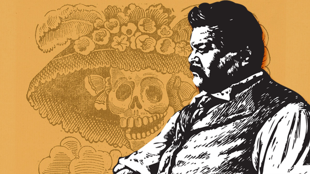Grabado de José Guadalupe Posada y al fondo la "Calavera Garbancera".